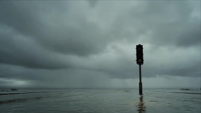 Cinematic Climate Disaster with Signal Light Floodwater Beneath Dark Storm Cloud, Coastal Landscape of Rising Water, Ocean and Sea Horizon Evoking Extreme Weather, Urban Vulnerability