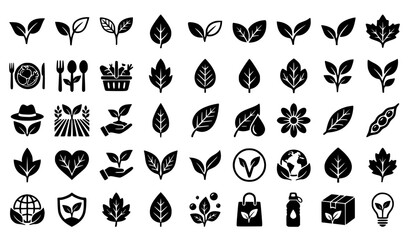 Obraz premium Two leaf eco logo symbols with nature and plant based food icons