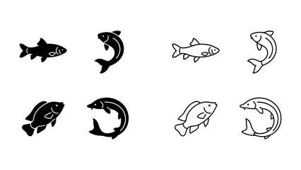 Fototapeta premium Fish Icon Set: A collection of stylized fish icons, featuring both solid silhouettes and outline designs, representing aquatic life in various poses.