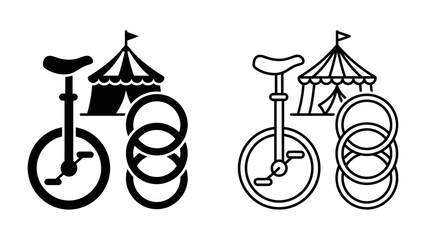 Circus Icons: A set of simple graphic icons depicting a unicycle, circus tent, and juggling rings, representing entertainment and performance. © Saifa