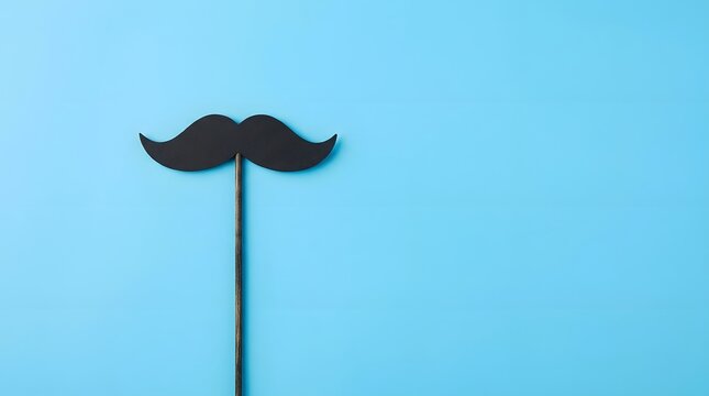 Black paper mustache on a stick isolated on a light blue background