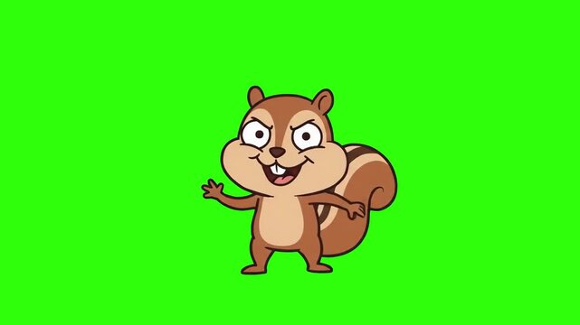 A happy 2D cartoon squirrel character dancing happily on a chroma key green background. Ideal for cartoon animations, video games, funny animal overlays, kids shows, and keyable VFX compositing.