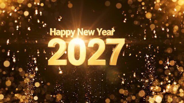 Gold happy new year 2027 text glowing with sparkling particles and festive pyrotechnics Celebrating holidays.