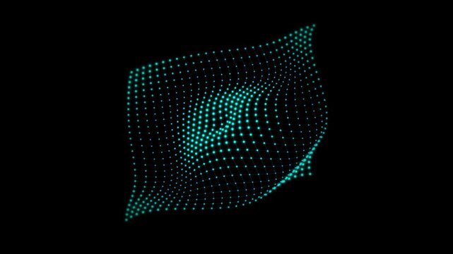 Cyan dotted wave morphs into a curved shape on a black background