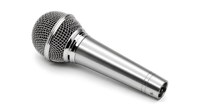 Silver metal dynamic vocal microphone lying flat isolated on a white background