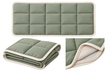 Fototapeta premium Quilted sage green rectangular pad with cream edges, folded view showing thick padding layer, isolated on transparent background. Bedding, nursery accessory, home textile.
