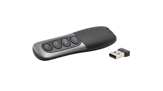 Wireless presentation clicker remote with usb receiver on white background surface