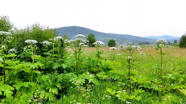 Thickets of Heracleum sosnowskyi  (Sosnowsky's hogweed) in the natural ecosystems of the Carpathians, in the Stryi River valley. The invasive, poisonous plant Sosnowsky's hogweed in natural ecosystems