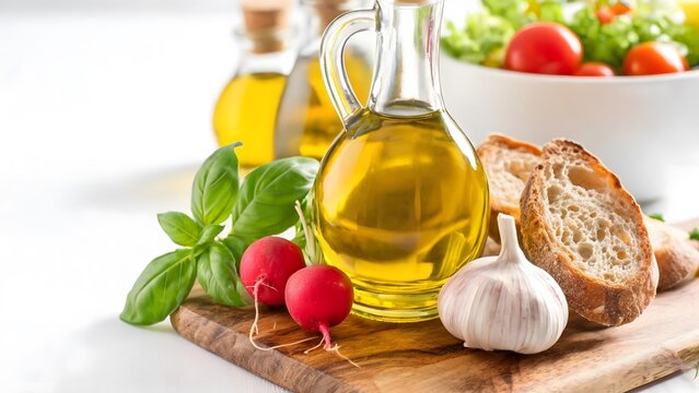 Mediterranean Ingredients with Olive Oil, Basil, Garlic, Radishes, Tomatoes, and Rustic Bread