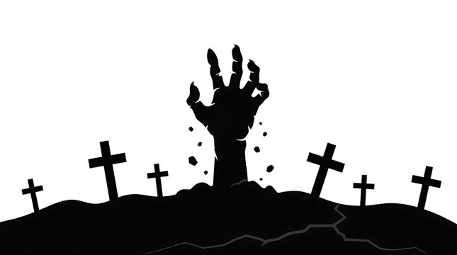 Scary zombie hand reaching out from dark graveyard soil in black and white vector silhouette style