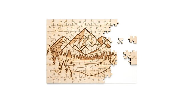 A partially completed wooden jigsaw puzzle depicting a serene mountain landscape with trees and a lake