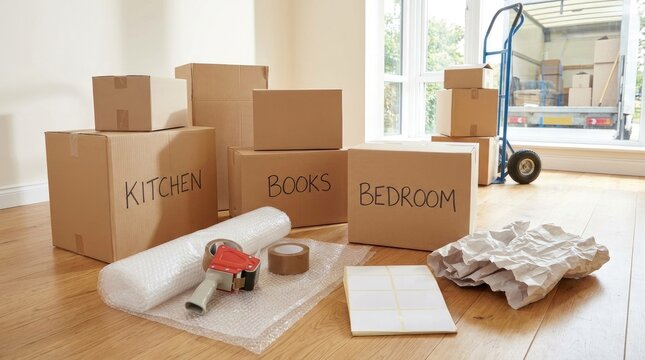 Several cardboard boxes are stacked on a wooden floor in a hallway. The boxes are labeled "KITCHEN", "BOOKS", and "BEDROOM".