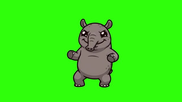 A funny 2D animated tapir character dancing with joy on a chroma key green background. Ideal for rainforest themes, wild animal animations, playful children's content, and educational video overlays.