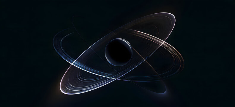 A minimalistic black hole sphere enveloped by dynamic orbital rings against a dark background. This abstract composition conveys concepts such as physics, gravity, atomic structure, and a futuristic s