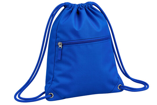Blue drawstring backpack with zipper pocket, isolated on transparent background. Sport accessory, gym bag, travel gear, fitness equipment.