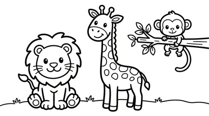 Obraz premium A cute black and white coloring page illustration featuring a smiling lion, a tall spotted giraffe, and a small monkey sitting on a tree branch