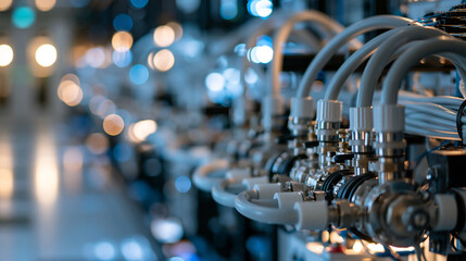 Fototapeta premium Close up view of a manifold with multiple tubing connections distributing coolant to a bright row of server racks in a scientific computing lab clean aisle blurred in the