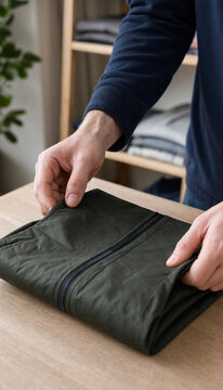 Person folding a dark green hooded jacket on a wooden table surface with folding clothes organized living casual clothing closet organization wardrobe management neatly folded home chores