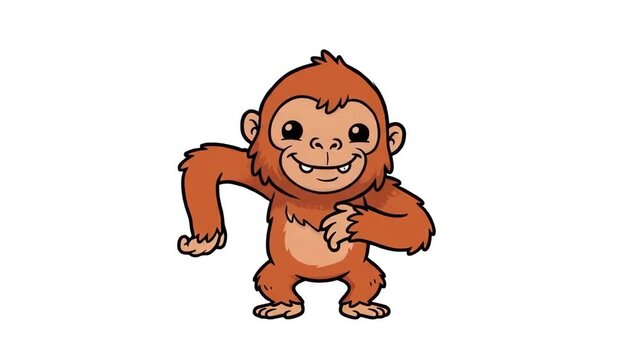 A cute 2D animated orangutan character dancing with a big smile on a clean white background. Great for children's books, web design, promotional media, and cartoon video graphics.