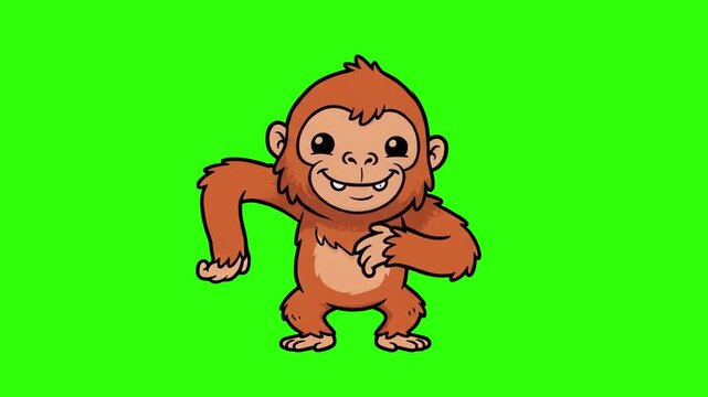 A cheerful 2D animated orangutan character smiling and dancing happily on a chroma key green background. Perfect for jungle wildlife videos, children's educational animation, funny animal content, and