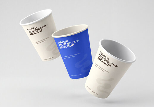 Paper Coffee Cup Branding Mockup with Floating Cups
