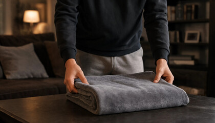 Fototapeta premium Person folding a soft gray blanket on a wooden table in a comfortable home interior with cozy home chores living room tidying up household task folding laundry textile care