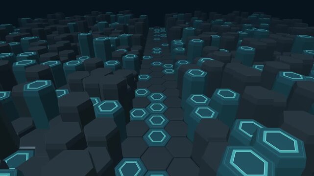 A low camera glides and rises through a canyon of graphite hexagonal processor columns, revealing cyan circuit accents and layered chip architecture in a seamless ten second animation.