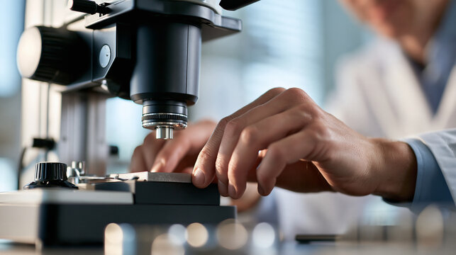 Close up cropped view of the hands of a confident  test engineer operating a hardness tester on a metal sample inside a bright hardness testing lab clean organized
