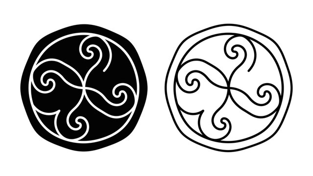 Triskele Symbol: Two stylized circular designs featuring the ancient Celtic triskele symbol, one filled black and the other an outline, representing interconnectedness and eternal cycles.
