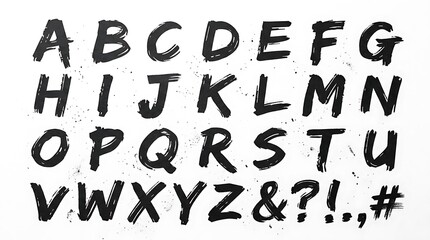 Fototapeta premium Handwritten black ink alphabet letters on a clean white background featuring rough artistic paint strokes