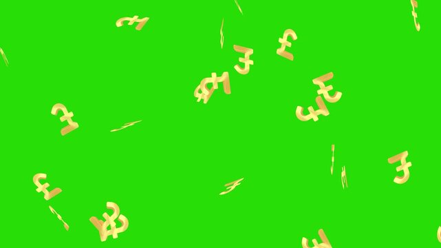 2D Pound currency symbol particle falling animation on black background. Pound coins Motion graphic financially Successful Business Concept.