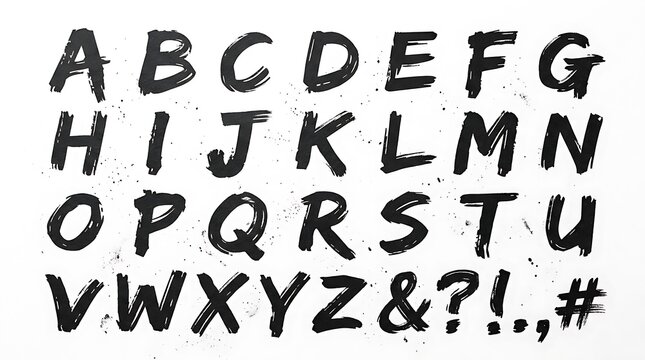 Handwritten black ink alphabet letters on a clean white background featuring rough artistic paint strokes