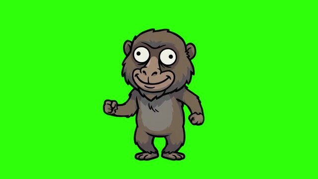 A cute 2D cartoon chimpanzee monkey character dancing happily on a chroma key green background. Ideal for jungle animal animations, cartoon series, funny video overlays, mobile games, and keyable VFX 