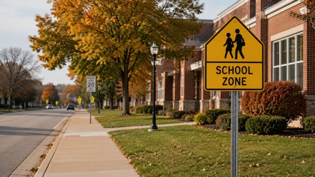 Yellow school zone sign indicating pedestrian crossing near brick school building on tree-lined street during autumn with colorful foliage and clear blue sky