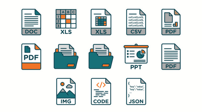Flat Line Icon Set of Common Document File Formats and Folders Including PDF DOC XLS CSV PPT IMG CODE and JSON