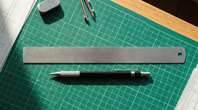 Stainless steel ruler and mechanical pencil resting on a green cutting mat with drafting tools arranged for precise architectural design
