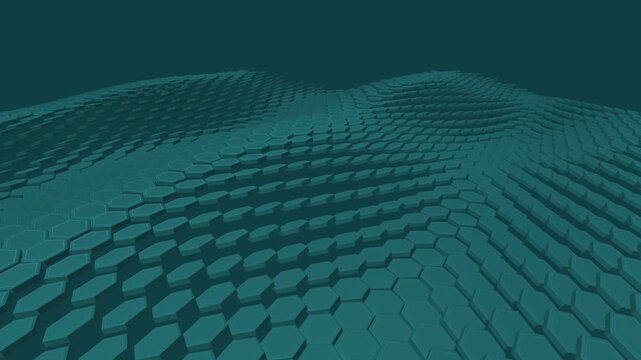 A lateral tracking camera follows a broad wave across a flexible teal hexagonal sensor membrane, with fine luminous seams and changing surface normals in a seamless ten second animation.
