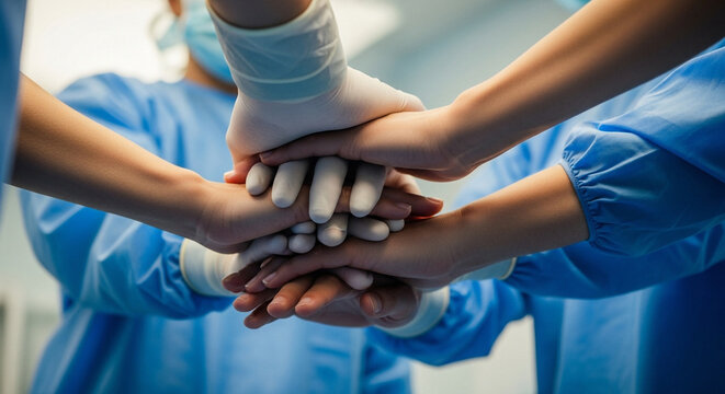 Medical team unity in surgical gloves and scrubs