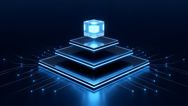 Glowing digital cube on tiered technological platform representing central processing and network infrastructure