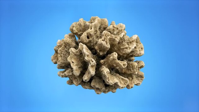 A detailed 3D rendered natural brown brain coral element floating on a solid blue studio background. Excellent for marine ecology visualizers, oceanography presentations, aquatic graphics, and underwa