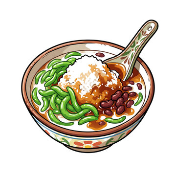 Jelly&nbsp;ice made from&nbsp;rice flour&nbsp;or&nbsp;mung bean&nbsp;starch with pandan&nbsp;coconut milk&nbsp;and&nbsp;palm sugar&nbsp;syrup, typically served over&nbsp;shaved ice 