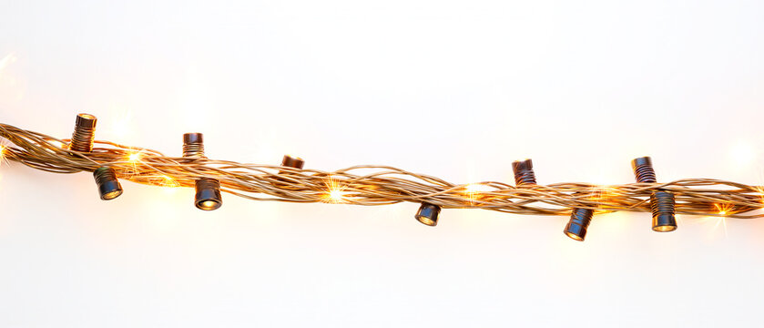 String of warm glowing Christmas fairy lights isolated on white background