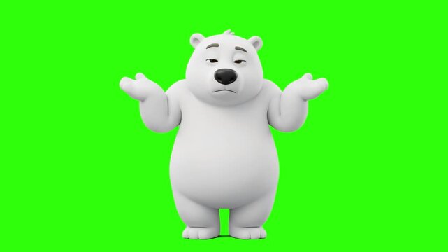 A cute 3D animated polar bear character shrugging his shoulders with open hands in a confused or clueless pose on a chroma key green background. Perfect for unknown status, mistake concepts, funny rea