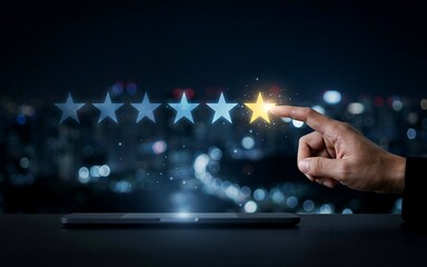 Fototapeta na wymiar Businessman hand pointing at five star rating glowing virtual interface in city night view