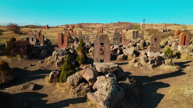 Ancient Monument of the Armenian Alphabet in Armenia, Historic Stone Letters Displayed Across a Scenic Landscape, Cultural Landmark Celebrating Armenian Language, Heritage and National History