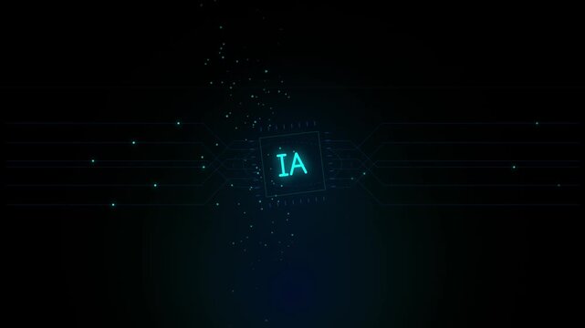 Artificial Intelligence chip graphic animation with glowing text flipping between AI and IA