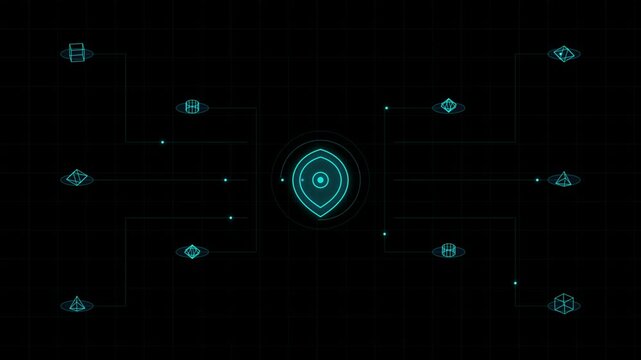 Futuristic HUD interface with glowing geometric data nodes and security shield symbol