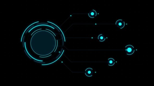 Futuristic HUD interface with glowing circles and network nodes on black background
