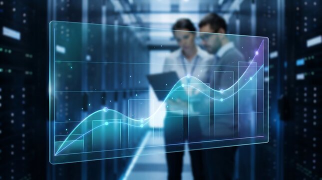 Professional IT technicians working in server room with glowing holographic financial bar graph overlay representing data management and cloud infrastructure analytics concept