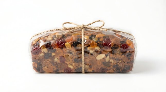A wrapped fruitcake with a twine bow on a white background